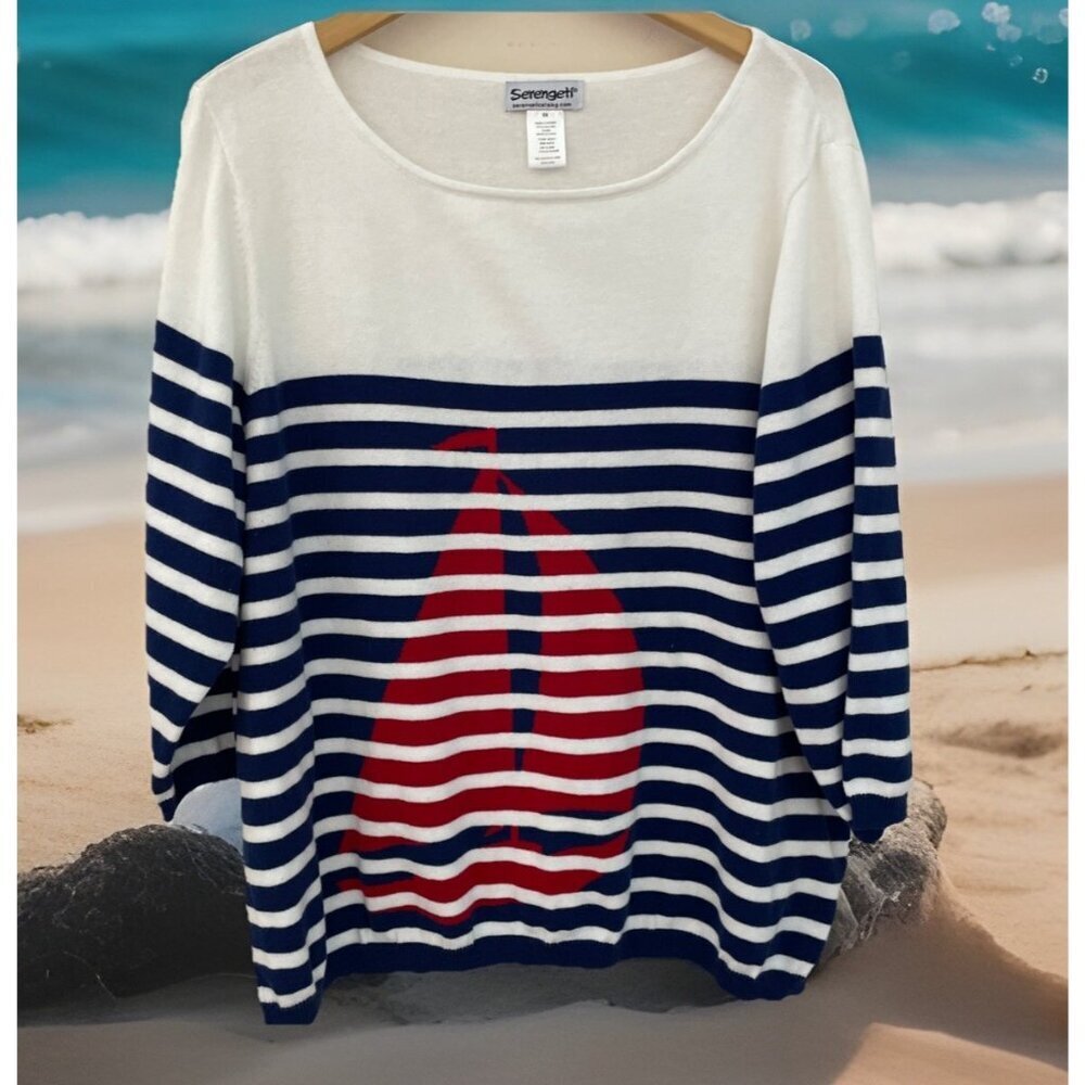 Vintage Serengeti Nautical Striped Sweater Women's Size 1X Red Blue Regatta
